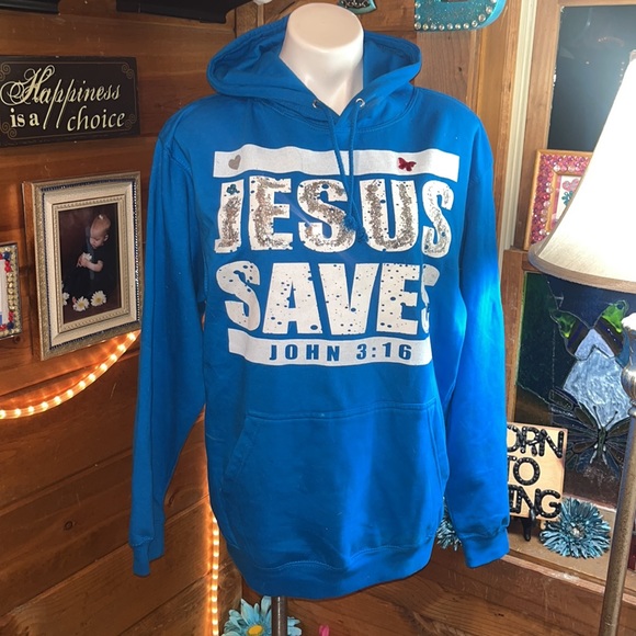Turquoise JESUS SAVES Hooded Sweatshirt size S Boutique front pocket NEW - Picture 1 of 13